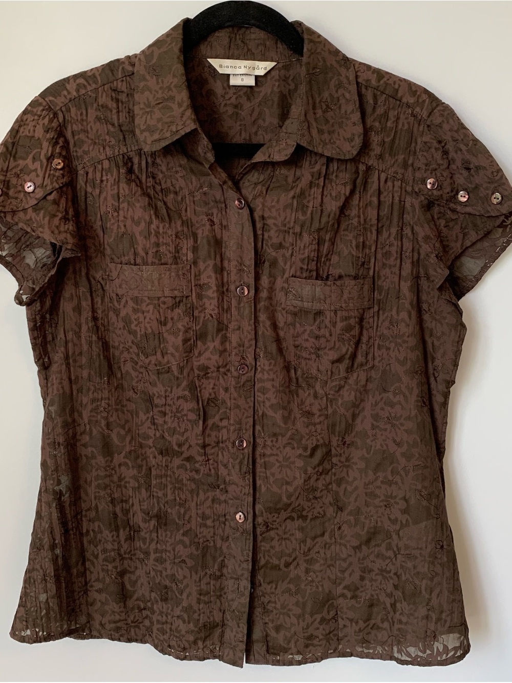 SZ8 BIANCA NYGARD BROWN SHORT SLEEVE BUTTIN FRONT SEMI SHEER SHIRT